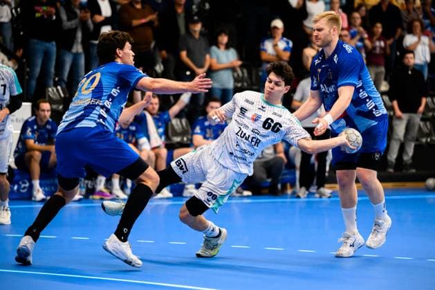 Grosswallstadt: 2.HBL - 25 26 - TV Grosswallstadt - SG BBM Bietigheim v.li. Finn Wiullenweber (TV Grosswallstadt), Max Prantner (Bietigheim) Elsenfeld Untermainhalle Bayern Deutschland