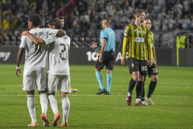 Kairat Almaty v Real Madrid - UEFA Champions League ALMATY, KAZAKHSTAN - SEPTEMBER 30: Real Madrid’s Brahim Diaz (21) and Rodrygo (11) celebrate scoring during the UEFA Champions League group stage match between Kairat Almaty and Real Madrid at Almaty Ortalyk Stadion in Almaty, Kazakhstan on September 30, 2025. Turar Kazangapov Anadolu Almaty Kazakhstan. Editorial use only. Please get in touch for any other usage.  Copyright: x2025xAnadoluxTurarxKazangapovx