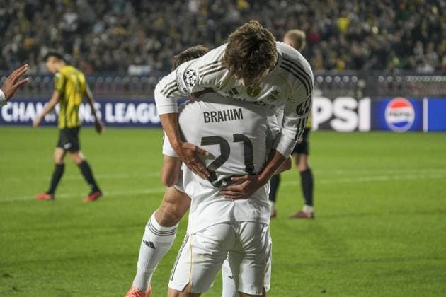 Kairat Almaty v Real Madrid - UEFA Champions League ALMATY, KAZAKHSTAN - SEPTEMBER 30: Real Madrid’s Brahim Diaz celebrates scoring their fifth goal with Gonzalo Garcia during the UEFA Champions League group stage match between Kairat Almaty and Real Madrid at Almaty Ortalyk Stadion in Almaty, Kazakhstan on September 30, 2025. Turar Kazangapov Anadolu Almaty Kazakhstan. Editorial use only. Please get in touch for any other usage.  Copyright: x2025xAnadoluxTurarxKazangapovx