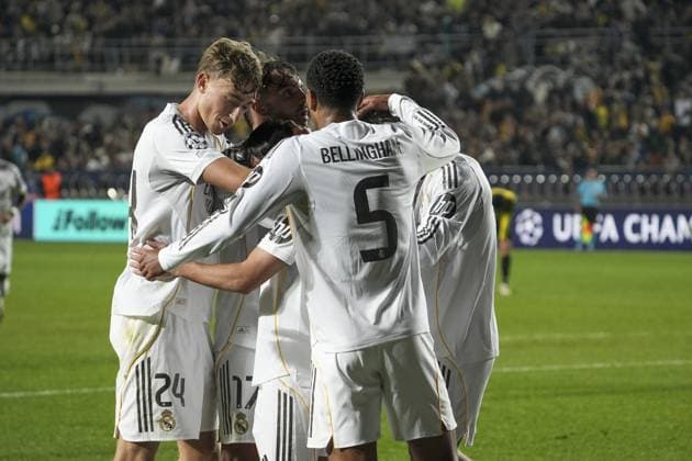 Kairat Almaty v Real Madrid - UEFA Champions League ALMATY, KAZAKHSTAN - SEPTEMBER 30: Real Madrid’s players celebrate scoring Brahim Diaz s goal during the UEFA Champions League group stage match between Kairat Almaty and Real Madrid at Almaty Ortalyk Stadion in Almaty, Kazakhstan on September 30, 2025. Turar Kazangapov Anadolu Almaty Kazakhstan. Editorial use only. Please get in touch for any other usage.  Copyright: x2025xAnadoluxTurarxKazangapovx
