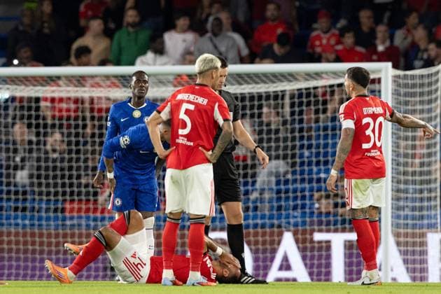 30th September 2025; Stamford Bridge, Chelsea, London, England: Champions League Football, Chelsea versus Benfica; Evangelos Pavlidis of Benfica on the ground following a clash of heads with Moises Caicedo of Chelsea  IanxStephen