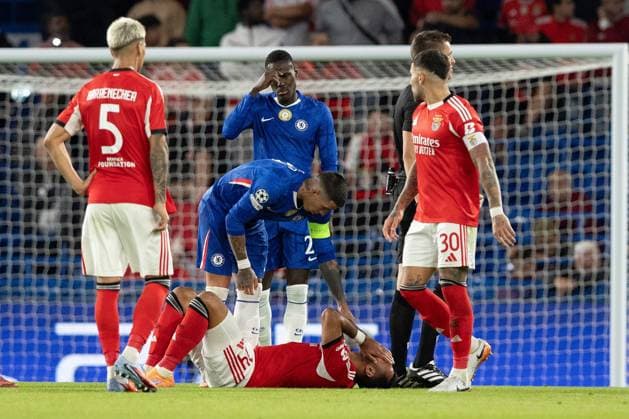 30th September 2025; Stamford Bridge, Chelsea, London, England: Champions League Football, Chelsea versus Benfica; Evangelos Pavlidis of Benfica on the ground following a clash of heads with Moises Caicedo of Chelsea  IanxStephen