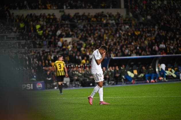 (251001) -- ALMATY, Oct. 1, 2025 -- Kylian Mbappe of Real Madrid reacts during the UEFA Champions League match between Kairat Almaty and Real Madrid in Almaty, Kazakhstan, on Sept. 30, 2025. ) (SP)KAZAKHSTAN-ALMATY-FOOTBALL-UEFA CHAMPIONS LEAGUE-KAIRAT ALMATY VS REAL MADRID LixRenzi 