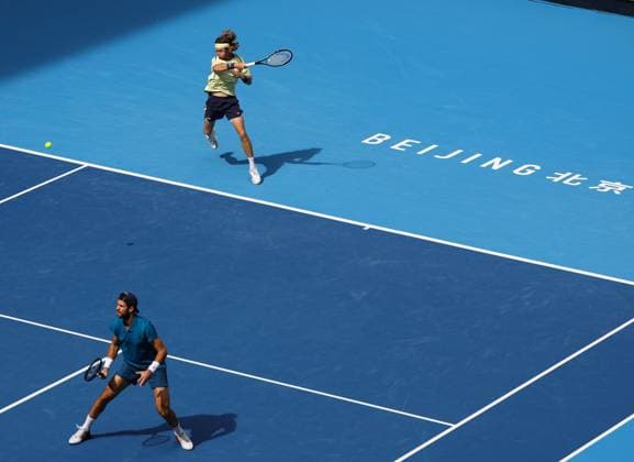 (251001) -- BEIJING, Oct. 1, 2025 -- Karen Khachanov Andrey Rublev (Top) compete during the men s doubles final match between Harri Heliovaara(Finland) Henry Patten (Britain) and Karen Khachanov Andrey Rublev of Russia at 2025 China Open tennis tournament in Beijing, China, Oct. 1, 2025. ) (SP)CHINA-BEIJING-TENNIS-CHINA OPEN-MEN S DOUBLES-FINAL(CN) DuxXinyi 
