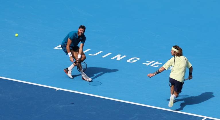 (251001) -- BEIJING, Oct. 1, 2025 -- Karen Khachanov Andrey Rublev (R) compete during the men s doubles final match between Harri Heliovaara(Finland) Henry Patten (Britain) and Karen Khachanov Andrey Rublev of Russia at 2025 China Open tennis tournament in Beijing, China, Oct. 1, 2025. ) (SP)CHINA-BEIJING-TENNIS-CHINA OPEN-MEN S DOUBLES-FINAL(CN) DuxXinyi 