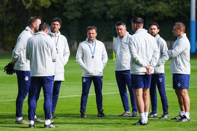 PXL_GNK Dinamo training GNK Dinamo training at Maksimir stadium in Zagreb, Croatia on 01. October 2025 before UEFA Europa league match with Maccabi Tel Aviv FC. Sandro Bloudek, Mario Kovacevic, Gojko Mrcela, Mihael Mindjek, Luka Murk  GoranxStanzl PIXSELL