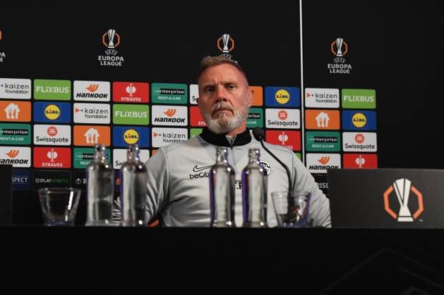 Genk s head coach Thorsten Fink pictured during a press conference, PK, Pressekonferenz of Belgian soccer team KRC Genk, on Wednesday 01 October 2025, in Genk. The team will play the Hungarian Ferencvarosi TC on Thursday, second game (out of 8) in the league phase of the UEFA Europa League competition. JILLxDELSAUX  x135817273x