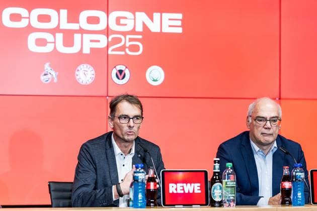 Cologne Cup25 Pressekonferenz; 01.10.2025 Dr. Andreas Dartsch (stv. Vorstandsvorsitzender Sparkasse KölnBonn), Dirk Brennecke (Geschäftsführer Fußball-Verband Mittelrhein) Pressekonferenz Cologne Cup25; RheinEnergiestadion, 01.10.2025 Copyright: xBEAUTIFULxSPORTS Wunderlx