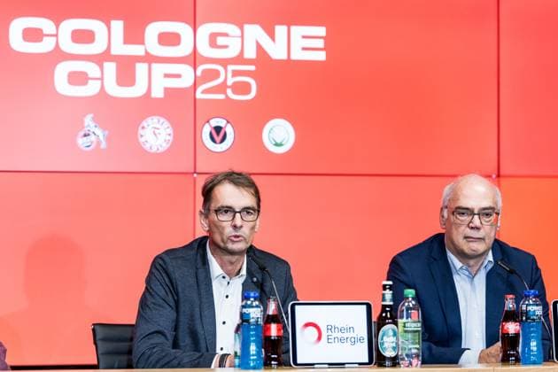 Cologne Cup25 Pressekonferenz; 01.10.2025 Dr. Andreas Dartsch (stv. Vorstandsvorsitzender Sparkasse KölnBonn), Dirk Brennecke (Geschäftsführer Fußball-Verband Mittelrhein) Pressekonferenz Cologne Cup25; RheinEnergiestadion, 01.10.2025 Copyright: xBEAUTIFULxSPORTS Wunderlx