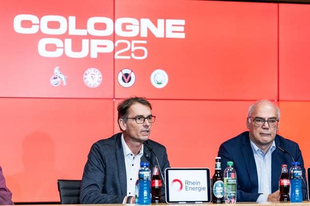 Cologne Cup25 Pressekonferenz; 01.10.2025 Dr. Andreas Dartsch (stv. Vorstandsvorsitzender Sparkasse KölnBonn), Dirk Brennecke (Geschäftsführer Fußball-Verband Mittelrhein) Pressekonferenz Cologne Cup25; RheinEnergiestadion, 01.10.2025 Copyright: xBEAUTIFULxSPORTS Wunderlx