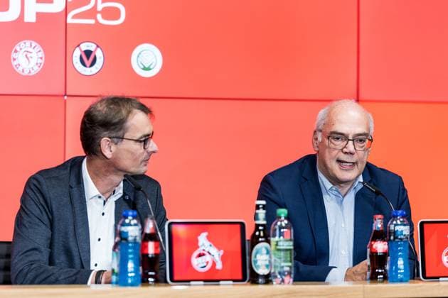 Cologne Cup25 Pressekonferenz; 01.10.2025 Dr. Andreas Dartsch (stv. Vorstandsvorsitzender Sparkasse KölnBonn), Dirk Brennecke (Geschäftsführer Fußball-Verband Mittelrhein) Pressekonferenz Cologne Cup25; RheinEnergiestadion, 01.10.2025 Copyright: xBEAUTIFULxSPORTS Wunderlx