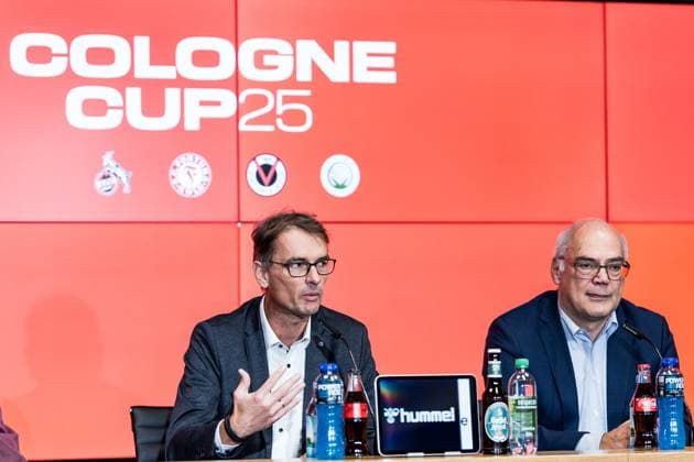 Cologne Cup25 Pressekonferenz; 01.10.2025 Dr. Andreas Dartsch (stv. Vorstandsvorsitzender Sparkasse KölnBonn), Dirk Brennecke (Geschäftsführer Fußball-Verband Mittelrhein) Pressekonferenz Cologne Cup25; RheinEnergiestadion, 01.10.2025 Copyright: xBEAUTIFULxSPORTS Wunderlx