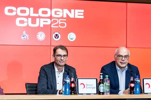 Cologne Cup25 Pressekonferenz; 01.10.2025 Dr. Andreas Dartsch (stv. Vorstandsvorsitzender Sparkasse KölnBonn), Dirk Brennecke (Geschäftsführer Fußball-Verband Mittelrhein) Pressekonferenz Cologne Cup25; RheinEnergiestadion, 01.10.2025 Copyright: xBEAUTIFULxSPORTS Wunderlx