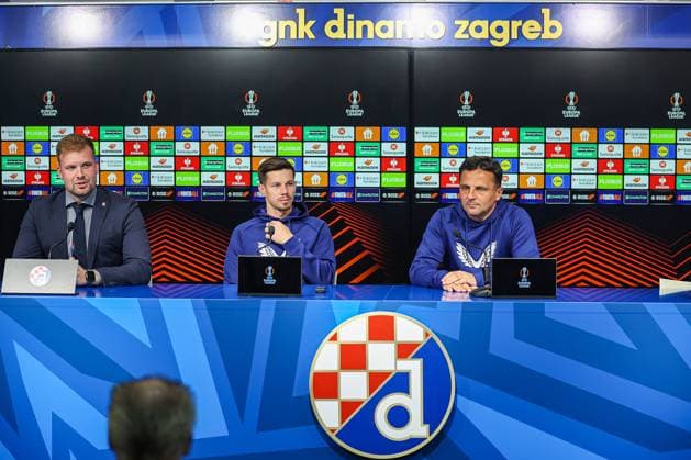 PXL_GNK Dinamo press conference, PK, Pressekonferenz Marko Bosnir, Miha Zajc and Mario Kovacevic during GNK Dinamo press conference at Maksimir stadium in Zagreb, Croatia on 01. October 2025 before UEFA Europa league match with Maccabi Tel Aviv FC.  GoranxStanzl PIXSELL
