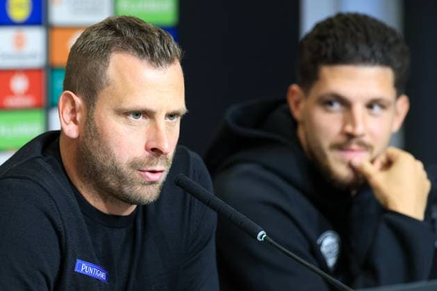 SOCCER - UEFA EL, Sturm vs Glasgow GRAZ,AUSTRIA,01.OCT.25 - SOCCER - UEFA Europa League, SK Sturm Graz vs Glasgow Rangers FC, preview, press conference, PK, Pressekonferenz Sturm. Image shows head coch Juergen Saeumel and Emir Karic (Sturm).  GEPAxpictures xMarioxBuehner-Weinrauch