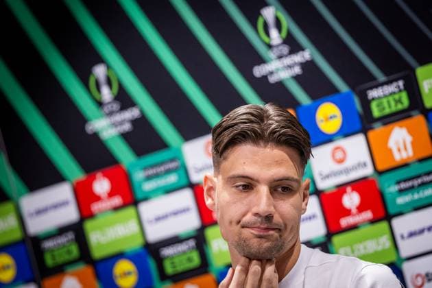 SLOVAN BRATISLAVA - STRASBOURG Dominik Takac of Slovan during the press conference, PK, Pressekonferenz ahead of the league phase of UEFA Conference league football match between SK Slovan Bratislava and RC Strasbourg Alsace. Bratislava, Slovakia, October 02, 2025. Copyright: xx 080A8527