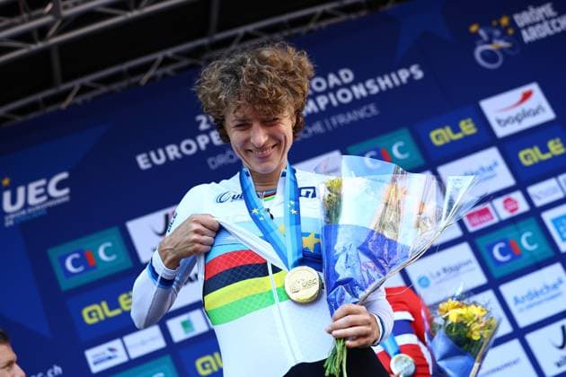 Swiss Marlen Reusser of Movistar Team and pictured on the podium after winning the 24 km time trial of the Women Elite category at the UEC road European cycling championships, Wednesday 01 October 2025, in Loriol-sur-Drome, France. The European cycling championships Drome-Ardeche takes place from 1 to 5 October, France. DAVIDxPINTENS  x135826557x