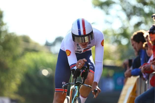 British Joshua Michael Tarling pictured at the arrival of the 24 km time trial of the Men Elite category at the UEC road European cycling championships, Wednesday 01 October 2025, in Loriol-sur-Drome, France. The European cycling championships Drome-Ardeche takes place from 1 to 5 October, France. DAVIDxPINTENS  x135832283x