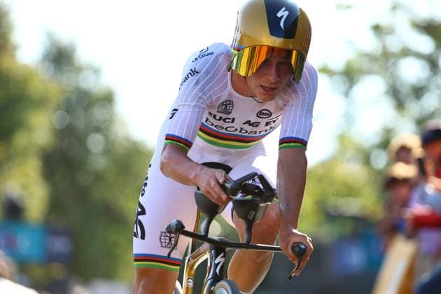 Belgian Remco Evenepoel pictured at the arrival as he wins the 24 km time trial of the Men Elite category at the UEC road European cycling championships, Wednesday 01 October 2025, in Loriol-sur-Drome, France. The European cycling championships Drome-Ardeche takes place from 1 to 5 October, France. DAVIDxPINTENS  x135833703x