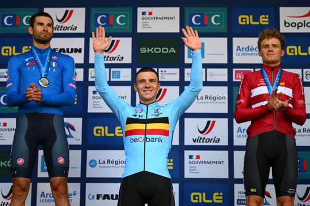 UEC 2025 Road European Championship, EM, Europameisterschaft Drome-Ardeche 01 10 2025 ETOILE-SUR-RHONE, FRANCE - OCTOBER 01 : Evenepoel Remco (Belgium), Ganna Filippo (Italy) and Larsen Niklas (Denmark) during the podium ceremony of the Men Elite Individual Time Trial of the 2025 UEC Road European Championship Drome-Ardeche 10th edition an UCI Continental Championships cycling race of 24 km with start in Loriol-sur-Drome and finish in Etoile-sur-Rhone on October 1, 2025 in Etoile-sur-Rhone, France, 01 10 2025 Etoile-sur-Rhone France  Copyright: xVincentxKalutx