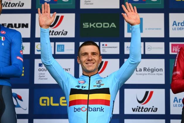 UEC 2025 Road European Championship, EM, Europameisterschaft Drome-Ardeche 01 10 2025 ETOILE-SUR-RHONE, FRANCE - OCTOBER 01 : Evenepoel Remco (Belgium) during the podium ceremony of the Men Elite Individual Time Trial of the 2025 UEC Road European Championship Drome-Ardeche 10th edition an UCI Continental Championships cycling race of 24 km with start in Loriol-sur-Drome and finish in Etoile-sur-Rhone on October 1, 2025 in Etoile-sur-Rhone, France, 01 10 2025 Etoile-sur-Rhone France  Copyright: xVincentxKalutx