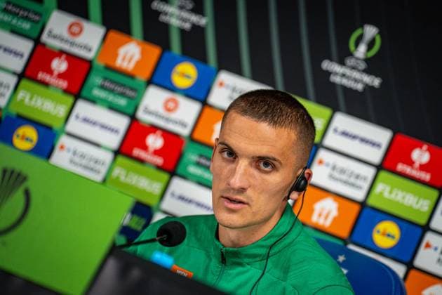 SOCCER - UEFA ECL, Poznan vs Rapid POZNAN,POLAND,01.OCT.25 - SOCCER - UEFA Conference League, KKS Lech Poznan vs SK Rapid Wien, preview, press conference, PK, Pressekonferenz Rapid. Image shows Nenad Cvetkovic (Rapid).  GEPAxpictures xKevinxHackner