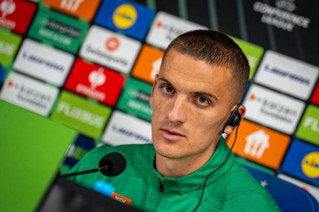 SOCCER - UEFA ECL, Poznan vs Rapid POZNAN,POLAND,01.OCT.25 - SOCCER - UEFA Conference League, KKS Lech Poznan vs SK Rapid Wien, preview, press conference, PK, Pressekonferenz Rapid. Image shows Nenad Cvetkovic (Rapid).  GEPAxpictures xKevinxHackner