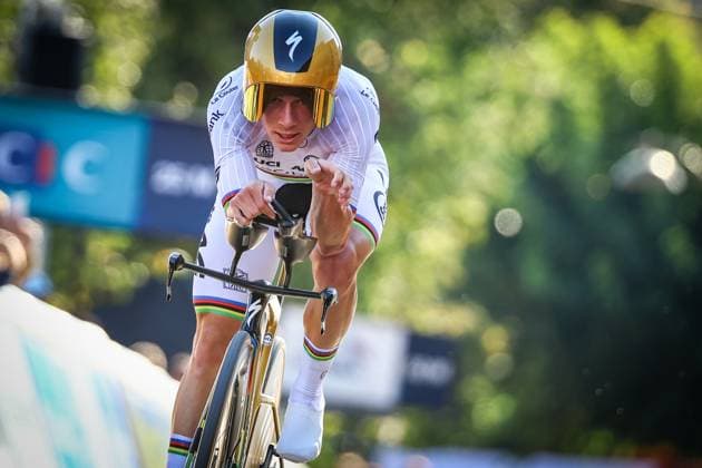 Winner Belgian Remco Evenepoel pictured in action during the 24 km time trial of the Men Elite category at the UEC road European cycling championships, Wednesday 01 October 2025, in Loriol-sur-Drome, France. The European cycling championships Drome-Ardeche takes place from 1 to 5 October, France. DAVIDxPINTENS  x135838146x