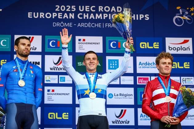 Italian Filippo Ganna, Belgian Remco Evenepoel and Danish Niklas Larsen pictured on the podium after the 24 km time trial of the Men Elite category at the UEC road European cycling championships, Wednesday 01 October 2025, in Loriol-sur-Drome, France. The European cycling championships Drome-Ardeche takes place from 1 to 5 October, France. DAVIDxPINTENS  x135843090x