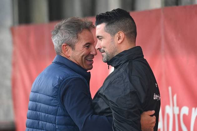 v.li:Praesident Gernot MANG (1860), Alper Kayabunar (Interims Trainer 1860). Fussball 3.Liga,9.Spieltag, Saison 2025 26 TSV 1860 Muenchen - Viktoria Koeln am 01.10.2025 GRUENWALDER STADION.
