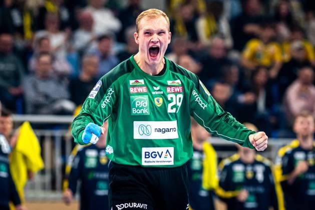 DHB-Pokal 2025 26 2. Runde: Rhein-Neckar Löwen vs. SG Flensburg-Handewitt; 01.10.2025 David Späth (29; Rhein Neckar Löwen) jubelt nach Parade im Tor DHB-Pokal 2025 26 2. Runde: Rhein-Neckar Löwen vs. SG Flensburg-Handewitt im SNP-Dome in Heidelberg. Copyright: xBEAUTIFULxSPORTS Gelhardtx