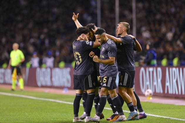 Qarabag v FC Copenhagen - UEFA Champions League BAKU, AZERBAIJAN - OCTOBER 1: Players of Qarabag celebrate after scoring a goal during the UEFA Champions League Group Stage second week match between Qarabag and FC Copenhagen at Tofiq Bahramov Stadium in Baku, Azerbaijan on October 1, 2025. Resul Rehimov Anadolu Baku Azerbaijan. Editorial use only. Please get in touch for any other usage.  Copyright: x2025xAnadoluxResulxRehimovx