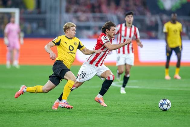 01.10.2025, Fußball, UEFA Champions League, Borussia Dortmund - Athletic Club Bilbao, BVB Stadion, 2. Spieltag, Saison 2025 2026: Daniel Svensson (BVB 24) im Zweikampf gegen Unai Gomez (Bilbao 20) Regulations prohibit any use of photographs as image sequences and or quasi-video. Nordrhein-Westfalen Deutschland