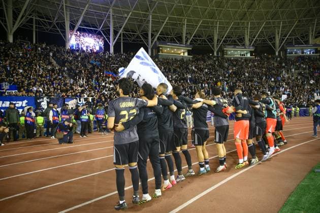 Qarabag v FC Copenhagen - UEFA Champions League BAKU, AZERBAIJAN - OCTOBER 1: Players of Qarabag celebrate after winning the UEFA Champions League Group Stage second week match between Qarabag and FC Copenhagen at Tofiq Bahramov Stadium in Baku, Azerbaijan on October 1, 2025. Resul Rehimov Anadolu Baku Azerbaijan. Editorial use only. Please get in touch for any other usage.  Copyright: x2025xAnadoluxResulxRehimovx