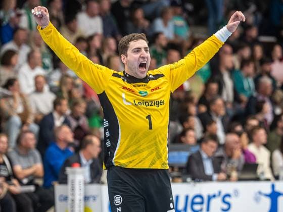 Domenico Ebner (SC DHfK Leipzig, 01) jubelt lautstark, Frisch Auf Goeppingen vs. SC DHfK Leipzig, Handball, DHB-Pokal, Herren, Spielzeit 2025 2026, 01.10.2025, Frisch Auf Goeppingen vs. SC DHfK Leipzig, Handball, DHB-Pokal, Herren, Spielzeit 2025 2026, 01.10.2025 Goeppingen Copyright: xEibner-Pressefoto MichaelxSchmidx EP_MST