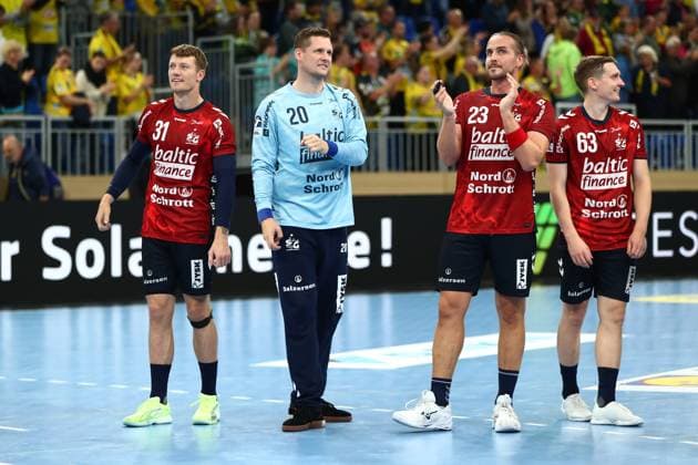 01.10.2025, xmohx, Handball DHB Pokal, Rhein Neckar Loewen - SG Flensburg-Handewitt v.l. Emil Jakobsen (SG Flensburg-Handewitt) Kevin Moeller Moller (SG Flensburg-Handewitt) Kent Robin Tonnesen (SG Flensburg-Handewitt) Domen Novak (SG Flensburg-Handewitt) Jubel, Freude über den Sieg (DFL DFB REGULATIONS PROHIBIT ANY USE OF PHOTOGRAPHS as IMAGE SEQUENCES and or QUASI-VIDEO) Heidelberg