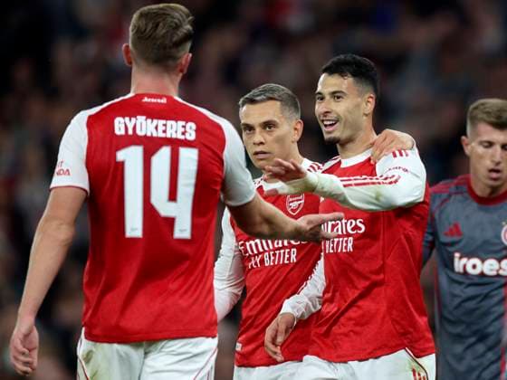 Arsenal FC v Olympiacos FC - UEFA Champions League 2025 26 League Phase MD2 Viktor Gyokeres, Leandro Trossard and Gabriel Martinelli of Arsenal celebrate 1st goal during the UEFA Champions League 2025 26 League Phase MD2 match between Arsenal FC and Olympiacos FC at Arsenal Stadium on October 1, 2025 in London, England. London Arsenal Stadium England United Kingdom Copyright: xNigelxFrench Sportsphoto APLx 14136675