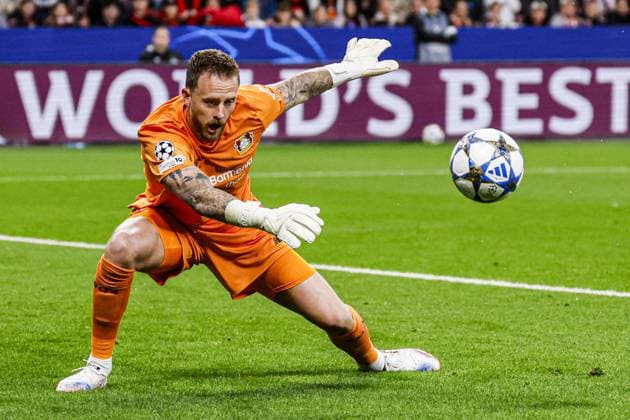 Goalkeeper Mark Flekken of Bayer 04 Leverkusen goes for the ball Bayer 04 Leverkusen v PSV Eindhoven, UEFA Champions League 2025 26 League Phase MD2, Bayer 04 Leverkusen v PSV Eindhoven, BayArena, October 1, 2025, Leverkusen, Germany.