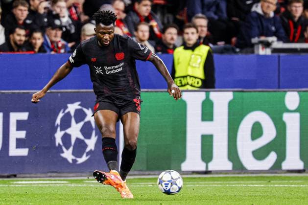 Edmond Tapsoba of Bayer 04 Leverkusen passes the ball Bayer 04 Leverkusen v PSV Eindhoven, UEFA Champions League 2025 26 League Phase MD2, Bayer 04 Leverkusen v PSV Eindhoven, BayArena, October 1, 2025, Leverkusen, Germany.