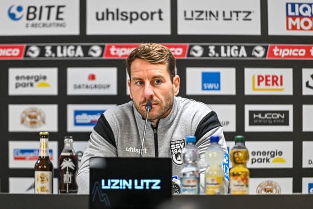 GER, 3. Liga, SSV Ulm 1846 vs 1. FC Schweinfurt 05 01.10.2025, Donaustadion, Ulm, GER, 3. Liga, SSV Ulm 1846 vs 1. FC Schweinfurt 05, im Bild Moritz Glasbrenner (SSV Ulm), Pressekonferenz nach Spielende