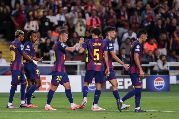 October 1, 2025, Barcelona, Barcelona, SPAIN: Ferran Torres of FC Barcelona, Barca celebrates a goal with teammates during the UEFA Champions League 2025 26 League Phase MD2, match between FC Barcelona and Paris Saint-Germain at Estadi Olimpic Lluis Companys on October 01, 2025 in Barcelona, Spain. Barcelona SPAIN - ZUMAa181 20251001_zaa_a181_033 Copyright: xJavierxBorregox
