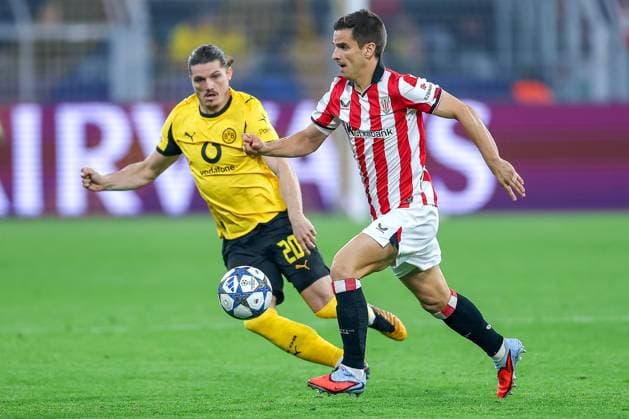 01.10.2025, Fußball, UEFA Champions League, Borussia Dortmund - Athletic Club Bilbao, BVB Stadion, 2. Spieltag, Saison 2025 2026: Marcel Sabitzer (BVB 20) im Zweikampf gegen Inigo Ruiz de Galarreta (Bilbao 16) Regulations prohibit any use of photographs as image sequences and or quasi-video. Nordrhein-Westfalen Deutschland