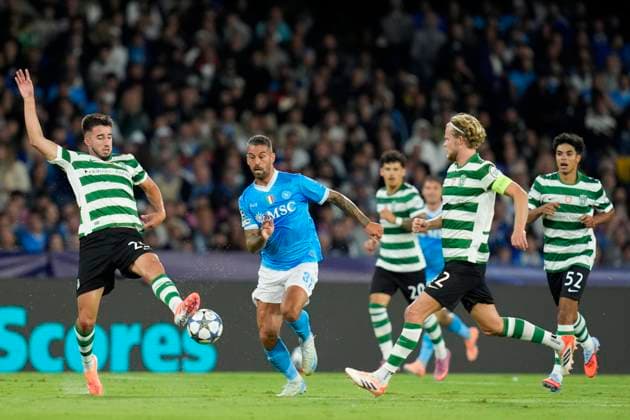 Daniel Braganca (Sporting CP) and Leonardo Spinazzola (SSC Napoli) battle for the ball, UEFA Champions League 2025 26 League Phase MD2, SSC Napoli v Sporting Clube de Portugal, Diego Armando Maradona Stadium, October 1, 2025, Naples, Italy.