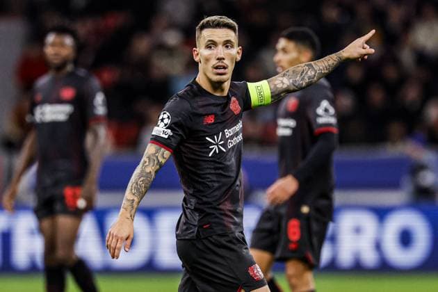 Alejandro Grimaldo of Bayer 04 Leverkusen gestures Bayer 04 Leverkusen v PSV Eindhoven, UEFA Champions League 2025 26 League Phase MD2, Bayer 04 Leverkusen v PSV Eindhoven, BayArena, October 1, 2025, Leverkusen, Germany.