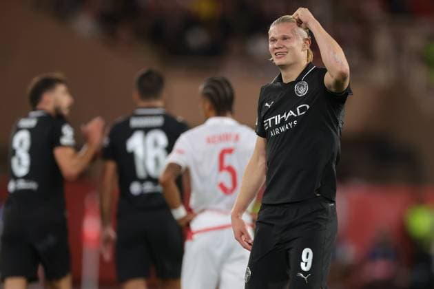 Monaco, Monaco, 1st October 2025. Erling Haaland of Manchester City celebrates after scoring to give the side a 2-1 lead during the AS Monaco vs Manchester City UEFA Champions League match at Stade Louis II, Monaco. Picture credit should read: Jonathan Moscrop Sportimage EDITORIAL USE ONLY. No use with unauthorised audio, video, data, fixture lists, club league logos or live services. Online in-match use limited to 120 images, no video emulation. No use in betting, games or single club league player publications. SPI_023_JM_MONACO_MANCITY_UCL_ SPI-4166-0023