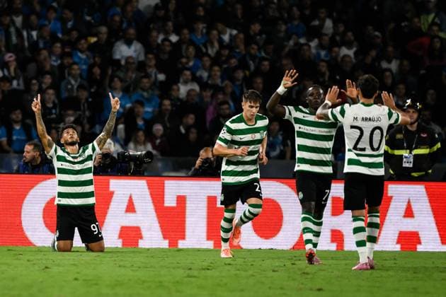 Luis Suarez of Sporting CP celebrates after scoring on penalty the goal of 1-1 during the UEFA Champions League 2025 2026 football match between SSC Napoli and Sporting CP at Diego Armando Maradona stadium in Naples (Italy), October 1, 2025. andreaxstaccioli