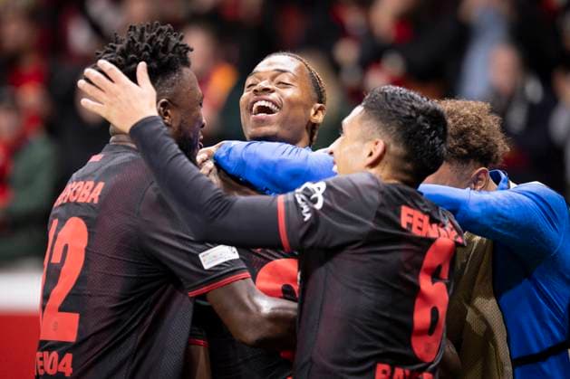UEFA Champions League, Bayer 04 Leverkusen - PSV Eindhoven; 01.10.2025 Torjubel nach dem Treffer zum 1:0 durch Christian Kofane (Bayer 04 Leverkusen, 35); UEFA Champions League, Bayer 04 Leverkusen - PSV Eindhoven, Spieltag 2 am 01.10.2025 in der BayArena in Leverkusen. Copyright: xBEAUTIFULxSPORTS AxelxKohringx