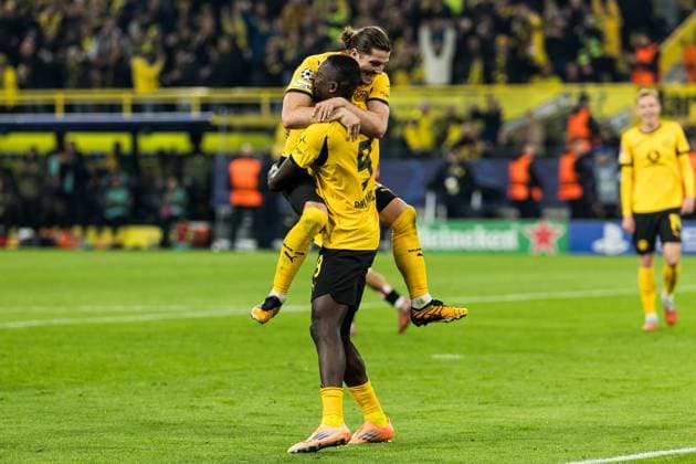 UEFA Champions League, Borussia Dortmund - Athletic Club Bilbao; 01.10.2025 Jubel zum 3:1 durch Serhou Guirassy (Borussia Dortmund, 9), Tor, Torjubel mit Vorbereitung durch Marcel Sabitzer (Borussia Dortmund, 20) UEFA Champions League, Borussia Dortmund - Athletic Club Bilbao, Dortmund, SIGNAL IDUNA PARK am 01.10.2025 Copyright: xBEAUTIFULxSPORTS Wunderlx