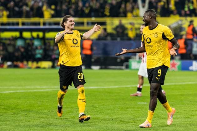 UEFA Champions League, Borussia Dortmund - Athletic Club Bilbao; 01.10.2025 Jubel zum 3:1 durch Serhou Guirassy (Borussia Dortmund, 9), Tor, Torjubel mit Vorbereitung durch Marcel Sabitzer (Borussia Dortmund, 20) UEFA Champions League, Borussia Dortmund - Athletic Club Bilbao, Dortmund, SIGNAL IDUNA PARK am 01.10.2025 Copyright: xBEAUTIFULxSPORTS Wunderlx