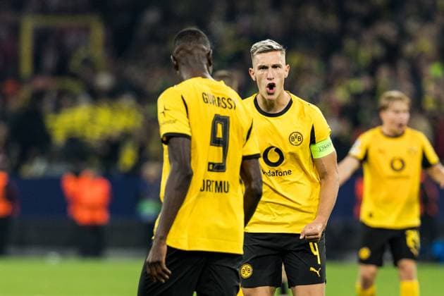 UEFA Champions League, Borussia Dortmund - Athletic Club Bilbao; 01.10.2025 Jubel zum 3:1 durch Serhou Guirassy (Borussia Dortmund, 9), Tor, Torjubel mit Vorbereitung durch Marcel Sabitzer (Borussia Dortmund, 20) Nico Schlotterbeck (Borussia Dortmund, 4) jubelt UEFA Champions League, Borussia Dortmund - Athletic Club Bilbao, Dortmund, SIGNAL IDUNA PARK am 01.10.2025 Copyright: xBEAUTIFULxSPORTS Wunderlx
